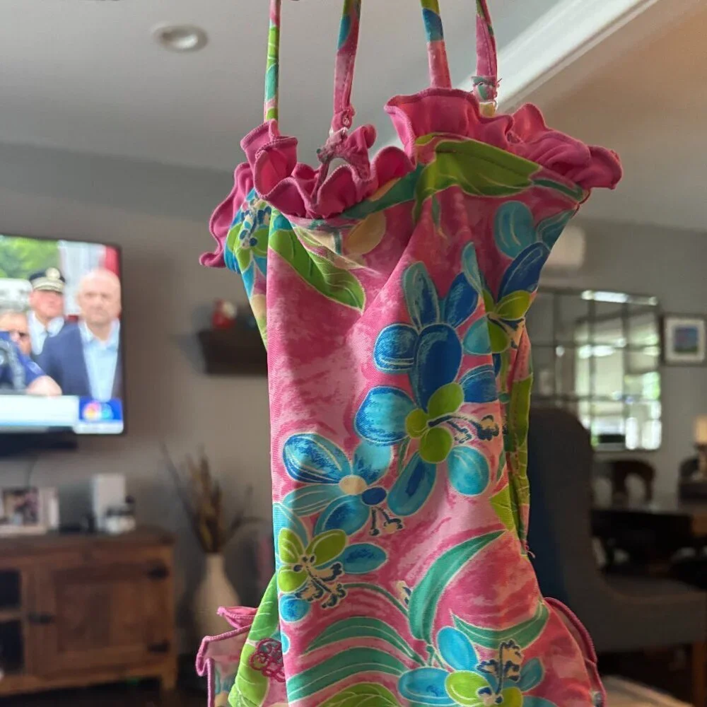 Ralph Lauren Vibrant Pink & Blue Floral Ruffled One-Piece Swim☀️ 24M
